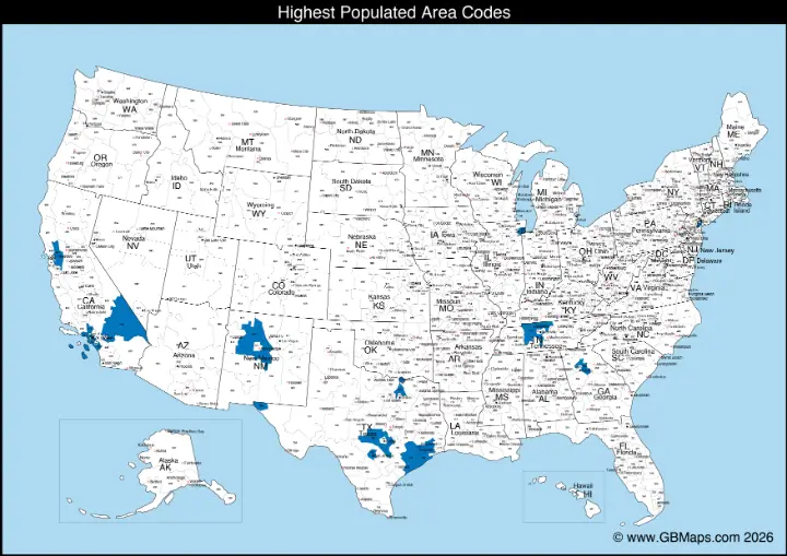 most populated area code map
