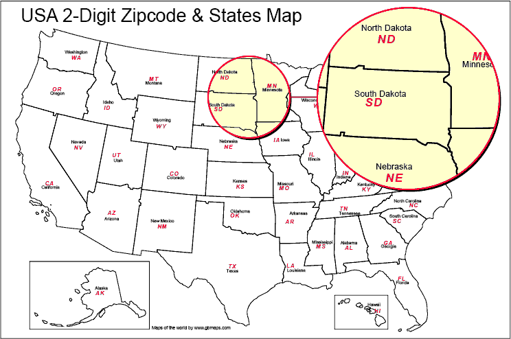 2 digit zip code map of the USA. 